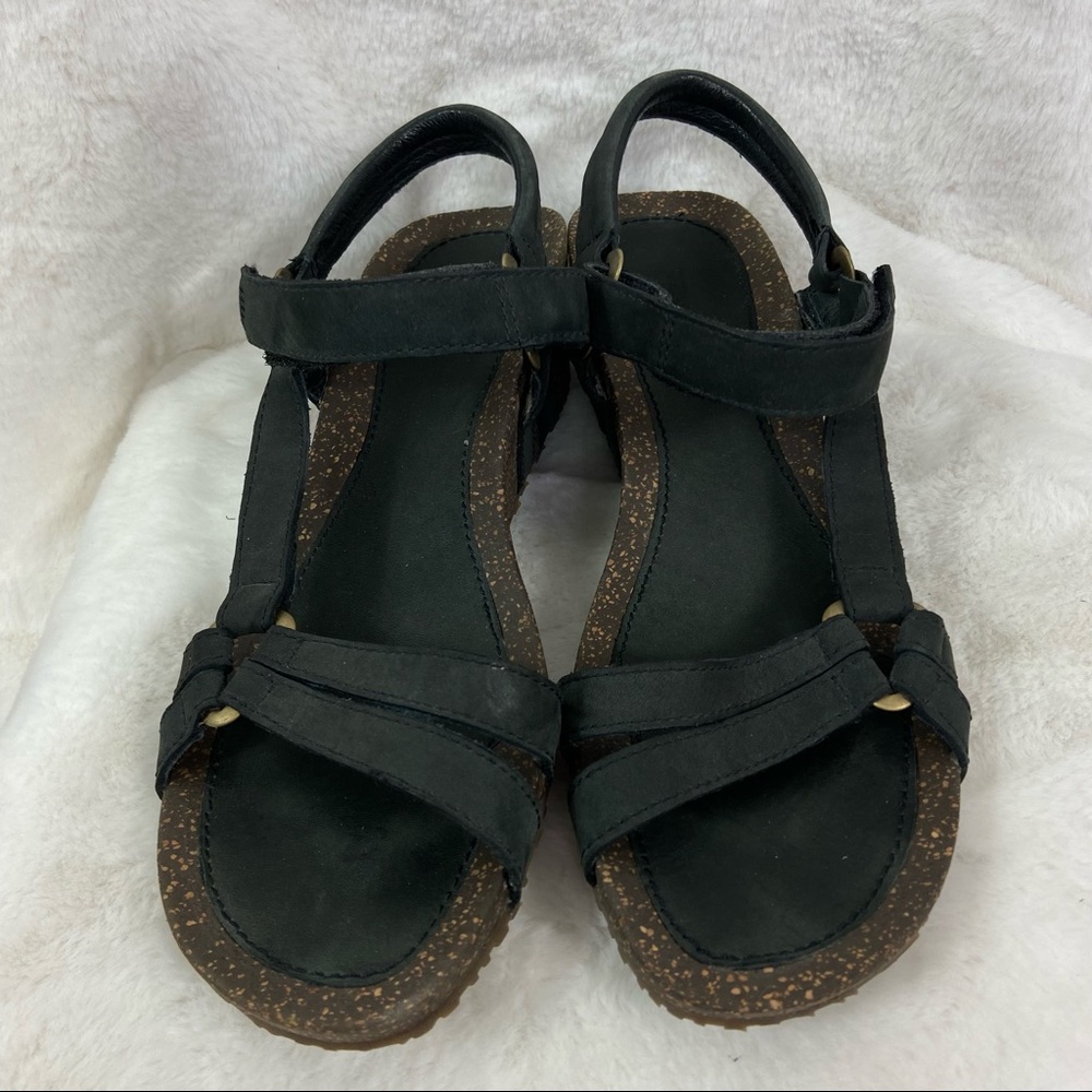 Teva Ventura Women 4220 Charcoal Leather Cork Wedges Strap Ankle Sandals Sz 10 - Picture 2 of 6
